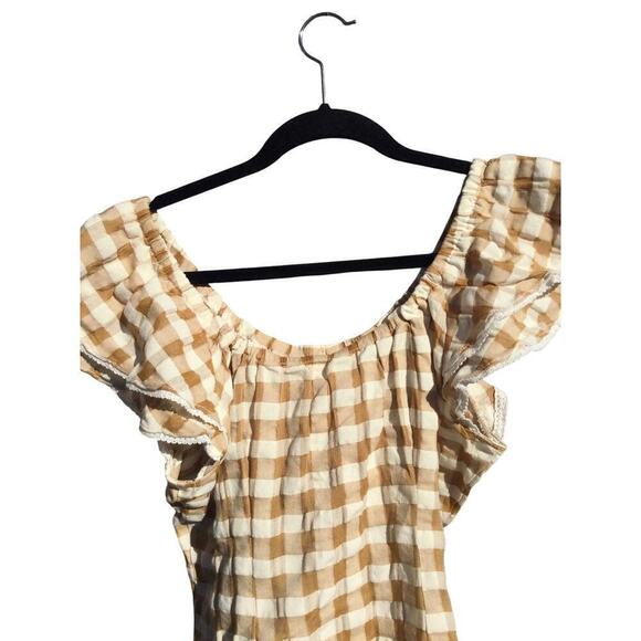 Matilda Jane Womens Peasant Top Size XS Plaid Tan Gingham Fall Preppy Blouse - Picture 10 of 13